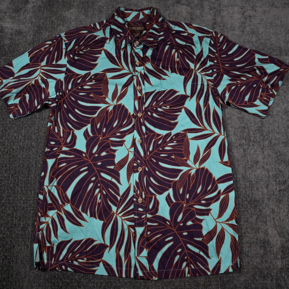 Cooke Street Mens Small Hawaiian Shirt Teal Purple Monstera Leaf Cotton Aloha S